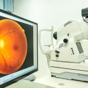 Eye exam with retinal image on screen.