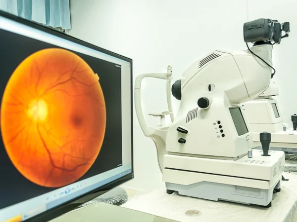 Eye exam with retinal image on screen.