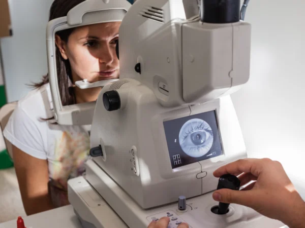 Eye exam machine with a patient.