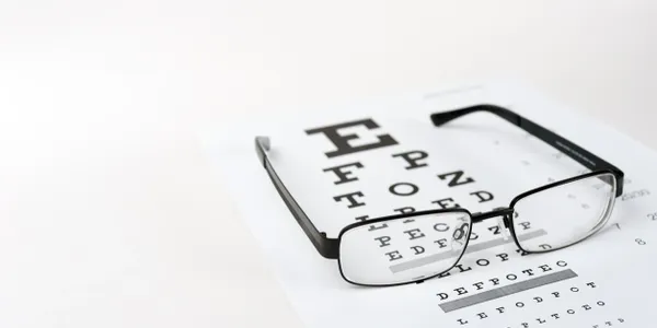 A pair of glasses sitting on top of an eye chart.